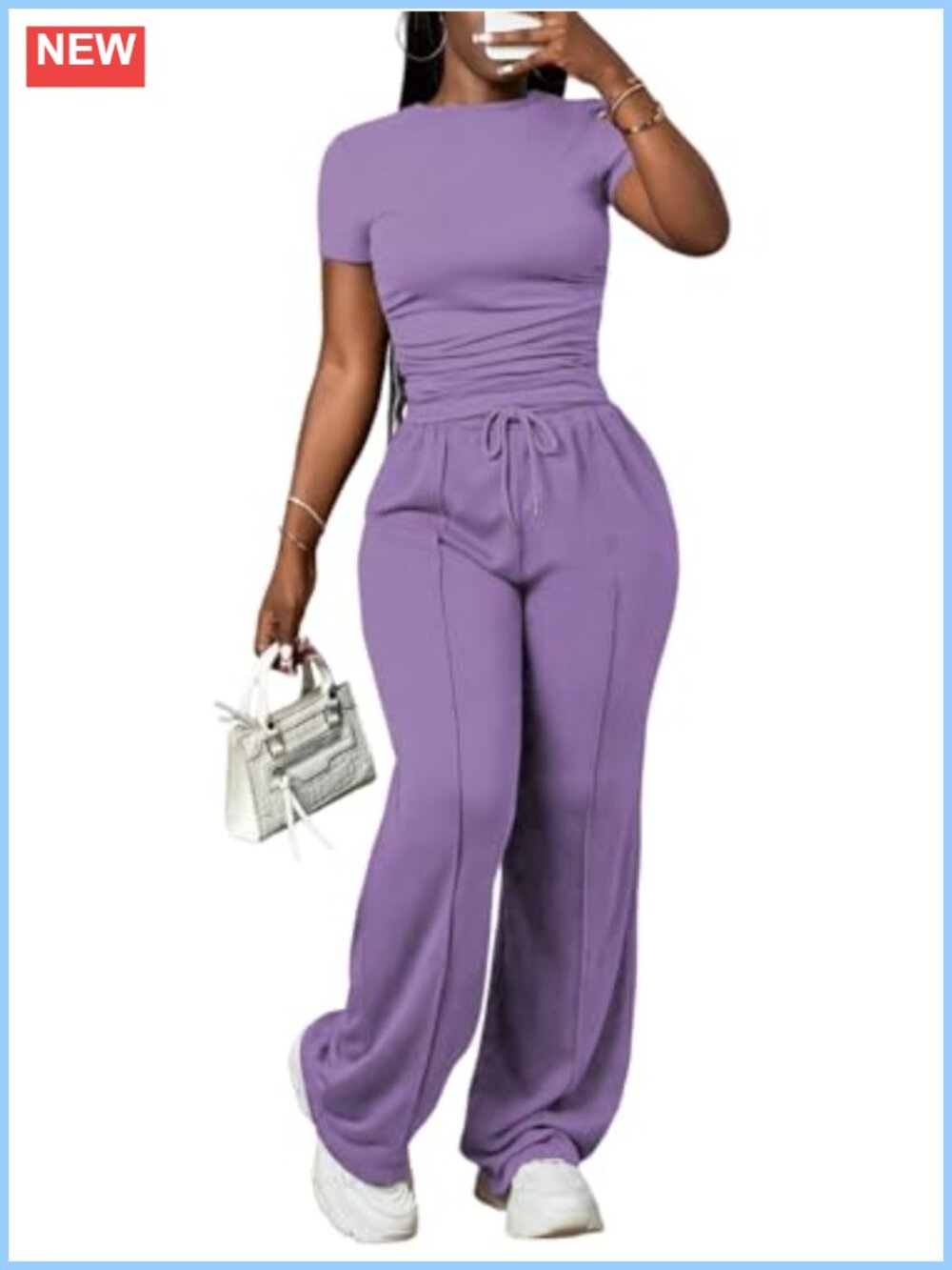 2 Piece Lounge Set Ruched Short Sleeve Top Wide Leg Pants